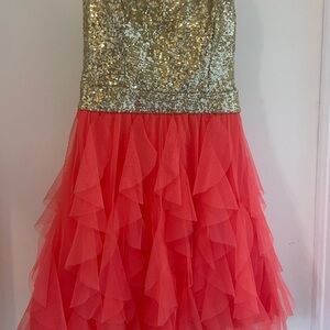 B Darlin Glittering Gold and Vibrant Coral Dress